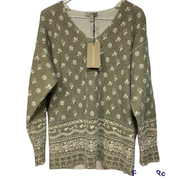 NWT Burberry Women's Taupe Green Ochre V-Neck Alpaca Wool Sweater Small - Picture 1 of 7